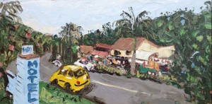 yellow car at blueys shops, oil on canvas, 76x153cm