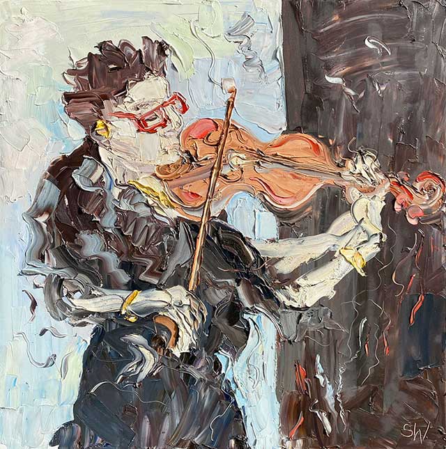 "The Violist (Tahlia Petrosian)", 150x150cm, oil on canvas. FINALIST 2022 Gosford Art Prize