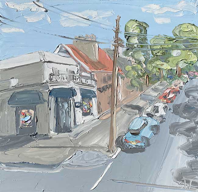 “Moncur Street”, 75x75cm, oil on canvas. 2ND PRIZE 2023 Woollahra Village Art Prize.