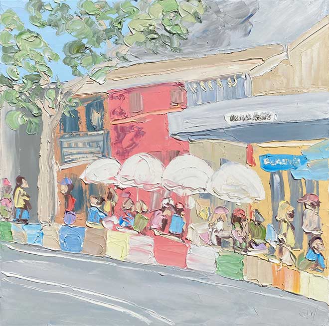 “Cafe Culture”, 100x100cm, oil on canvas. FINALIST 2025 Doyles Art Award.